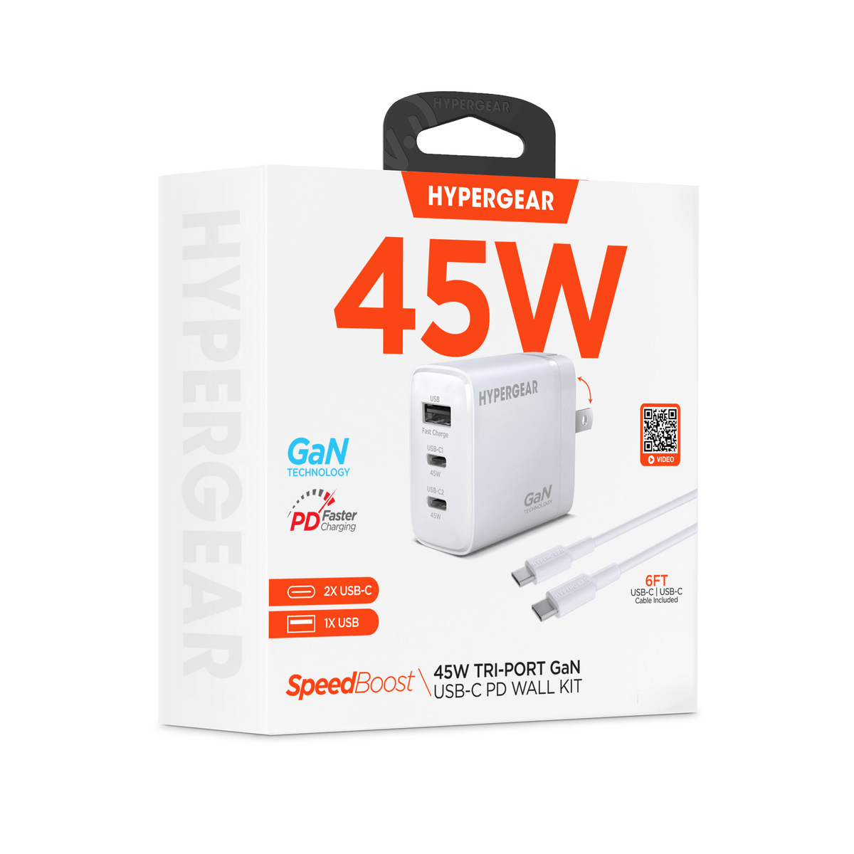 HyperGear SpeedBoost 45W USB-C PD Tri-Port GaN Fast Wall Charger with PPS and 6ft USB-C Cable