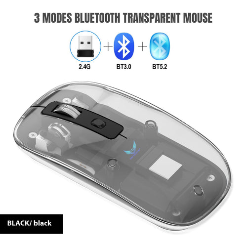 Black transparent wireless mouse with Bluetooth and 2.4GHz USB receiver connectivity