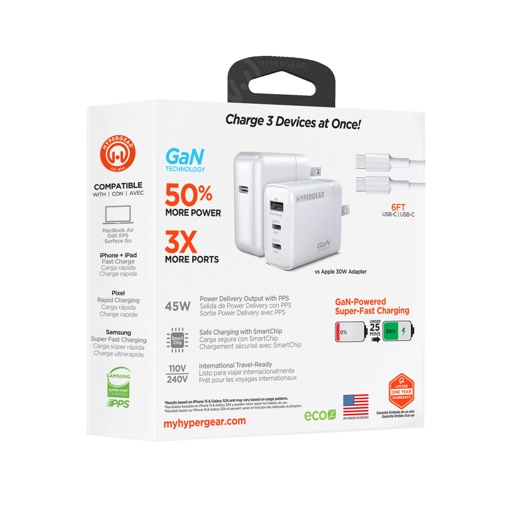 HyperGear SpeedBoost 45W USB-C PD Tri-Port GaN Fast Wall Charger with PPS and 6ft USB-C Cable